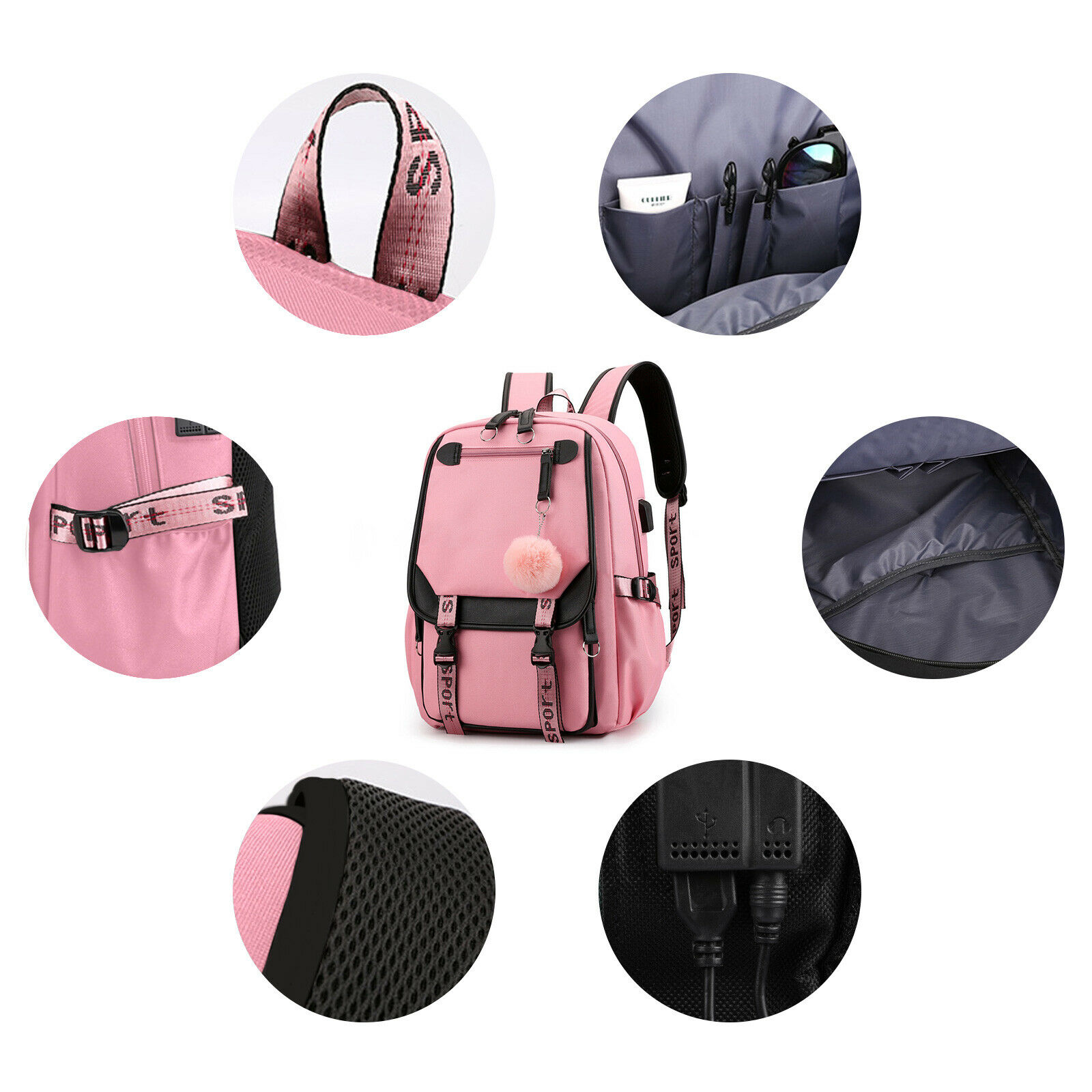 Women School Bag Oxford Waterproof Girls Backpack Rucksack w/ USB Charging Port 24Hr Smart